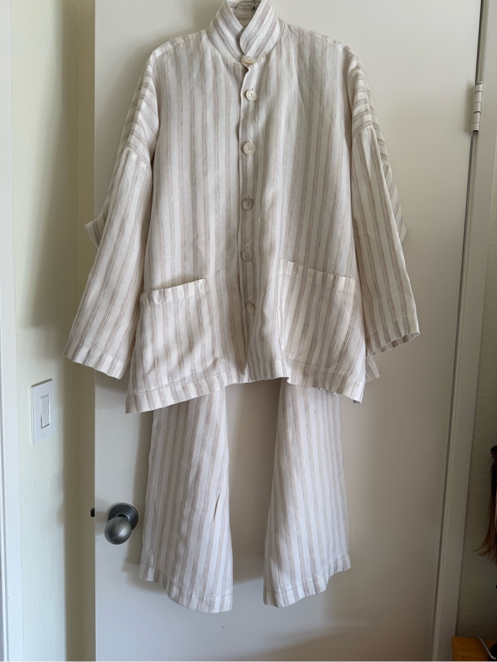 eskandar Cream & Tan Striped Relaxed Linen Pantsuit